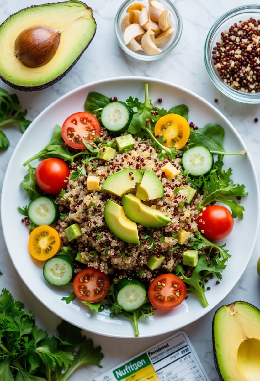 A colorful quinoa salad with avocado, tomatoes, cucumbers, and mixed greens arranged on a white plate, surrounded by ingredients and a nutrition label