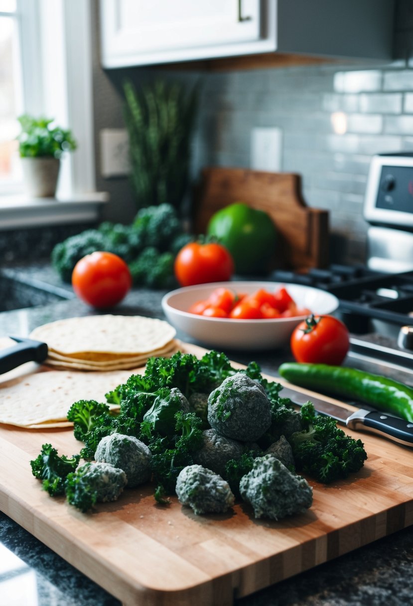 A kitchen counter with a cutting board, knife, and various ingredients including frozen kale, tomatoes, and tortillas for making frozen kale tacos