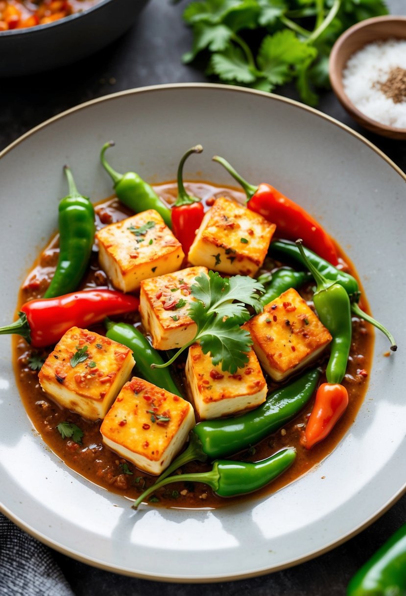 A sizzling hot plate of paneer chilli with vibrant red and green peppers, garnished with fresh cilantro and spices