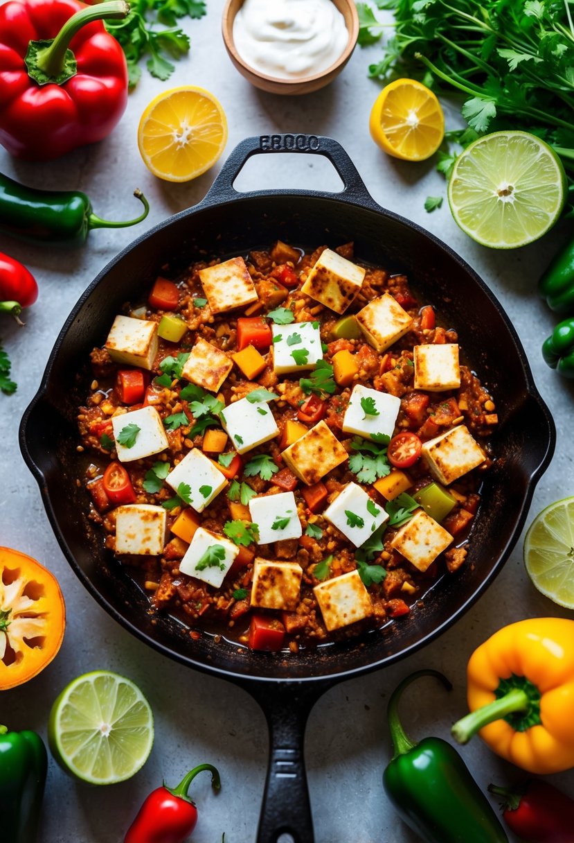 A sizzling hot skillet filled with spicy paneer chili taco ingredients, surrounded by colorful and fresh vegetables