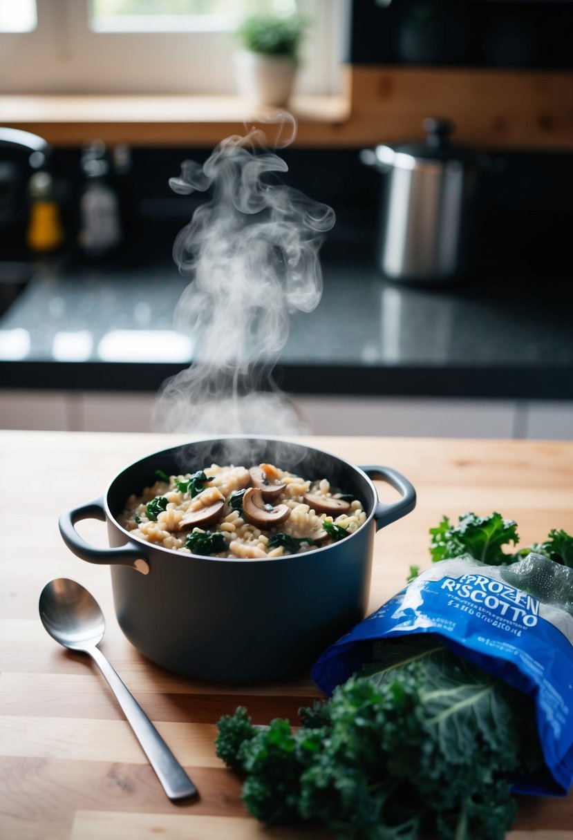 A steaming pot of mushroom and kale risotto with a bag of frozen kale next to it on the kitchen counter