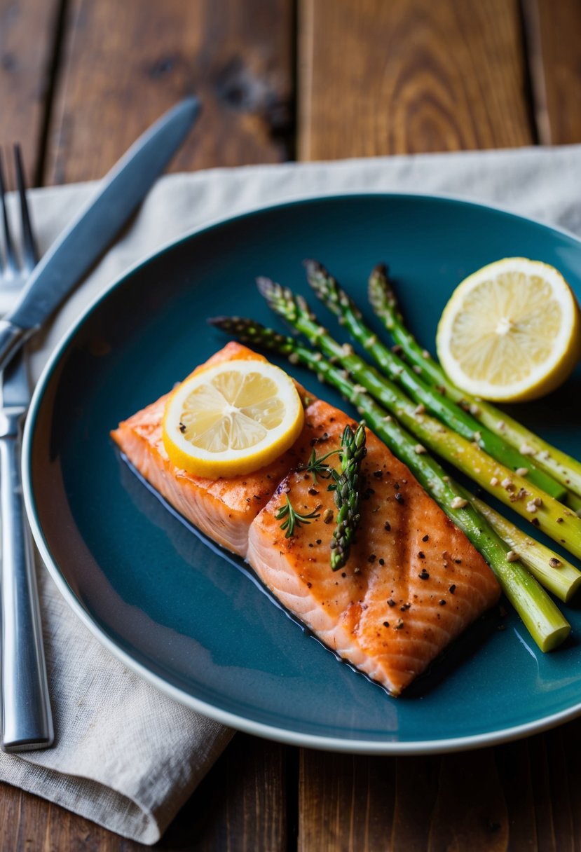 A plate of grilled salmon and asparagus with a side of lemon slices, set on a wooden table with a fork and knife nearby