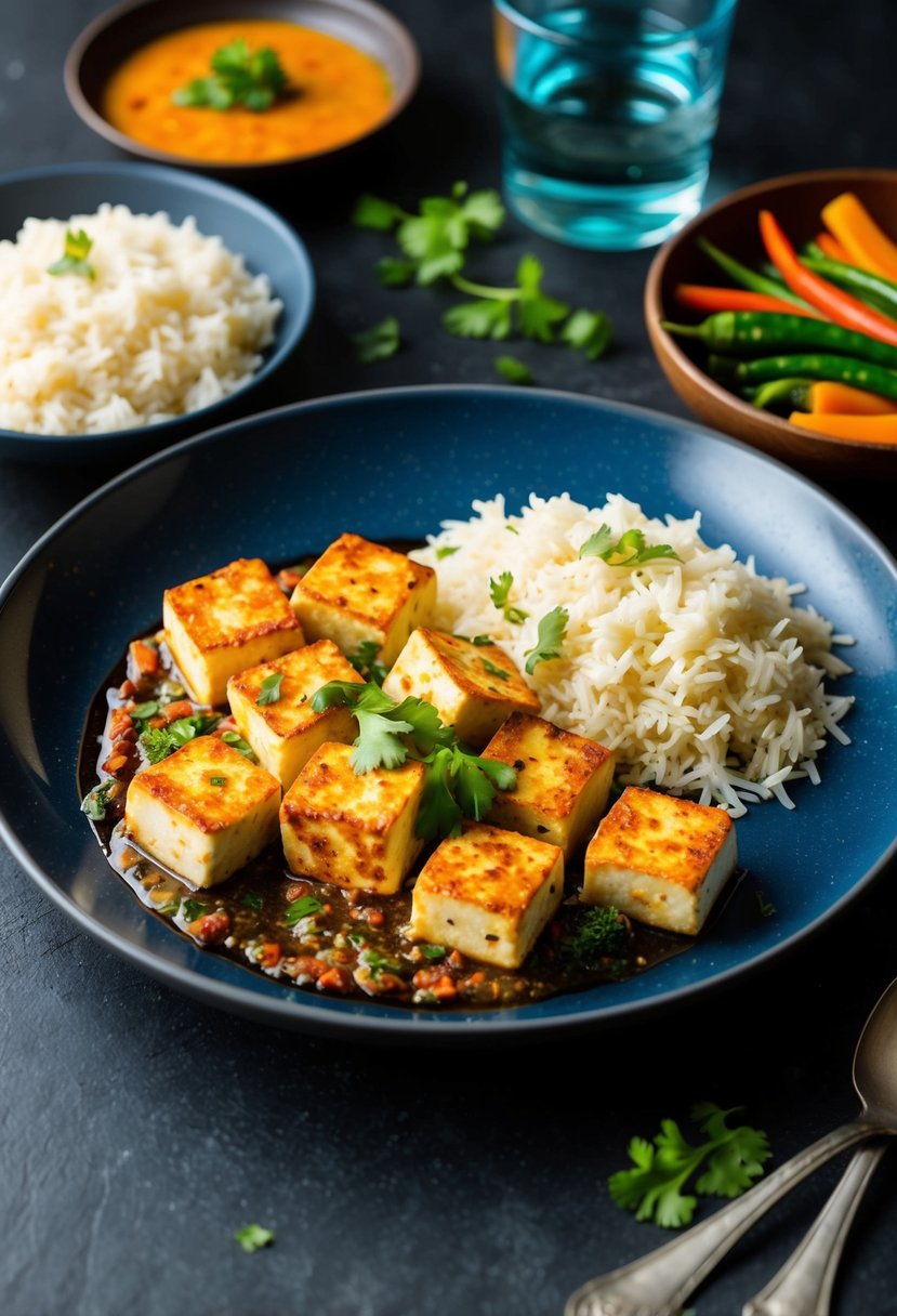 A sizzling hot plate with paneer chilli, accompanied by steaming rice and colorful vegetables