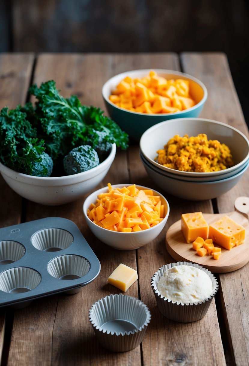 A rustic kitchen scene with a wooden table, mixing bowls, and ingredients like frozen kale, cheddar cheese, and muffin tins