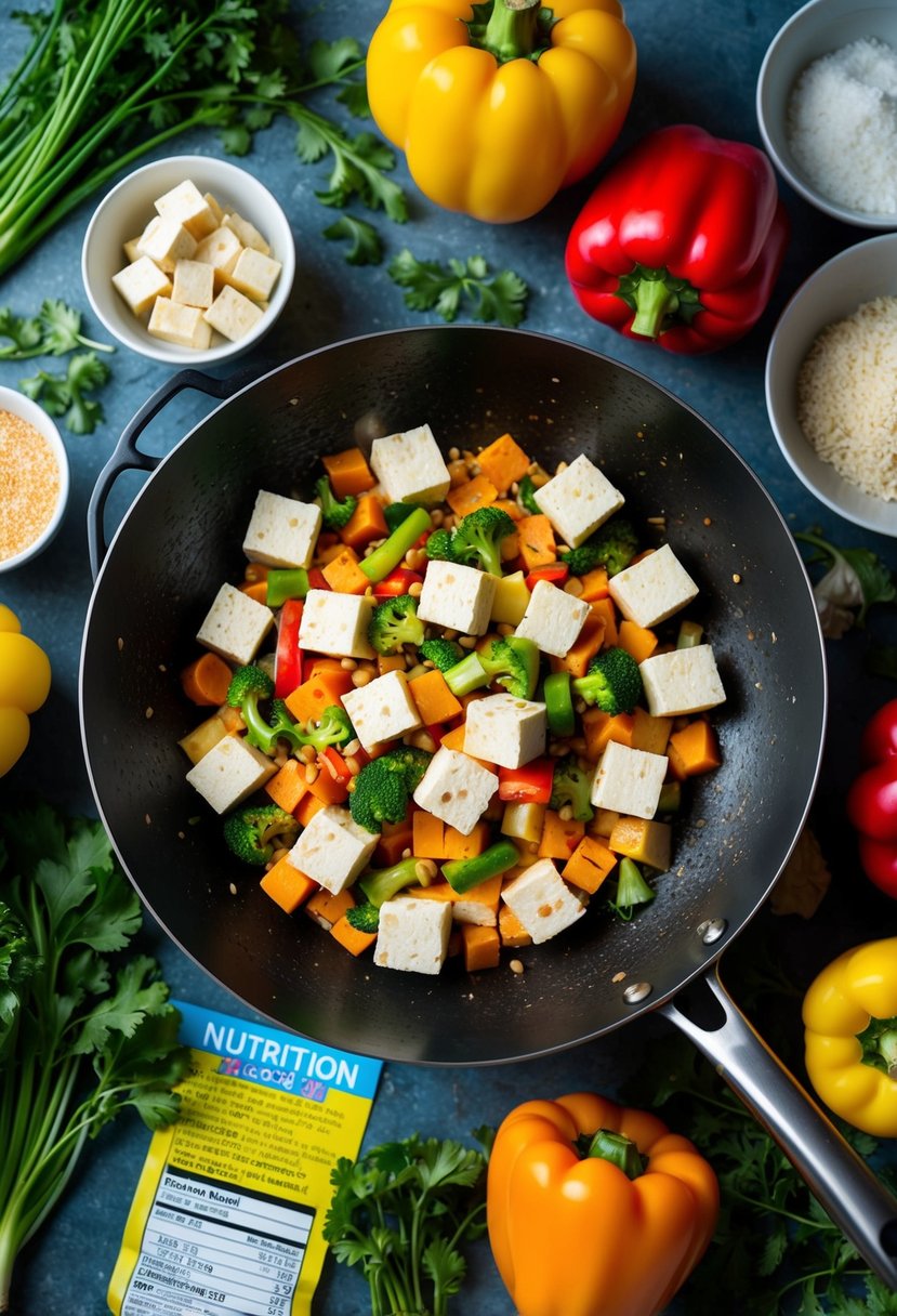 A sizzling wok filled with colorful vegetables and cubes of tofu, surrounded by an array of fresh ingredients and a nutrition label