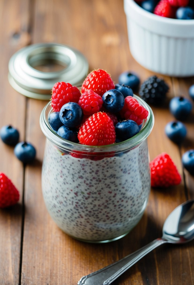 A glass jar filled with chia seed pudding topped with a colorful array of fresh berries on a wooden table