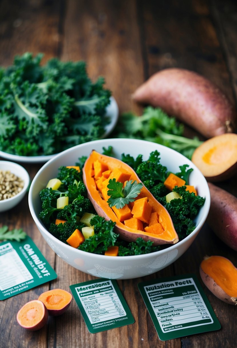 A colorful bowl filled with kale, sweet potato, and other fresh ingredients, surrounded by nutrition facts and ingredients