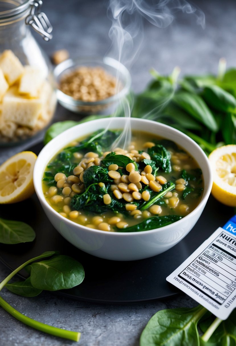 A steaming bowl of lentil soup with spinach, surrounded by fresh ingredients and a nutrition label