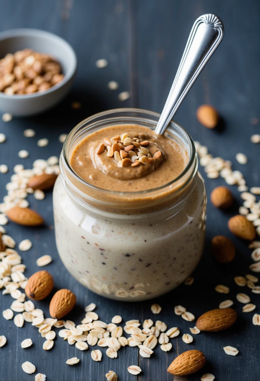 A jar of overnight oats topped with almond butter, surrounded by scattered oats, almonds, and a spoon