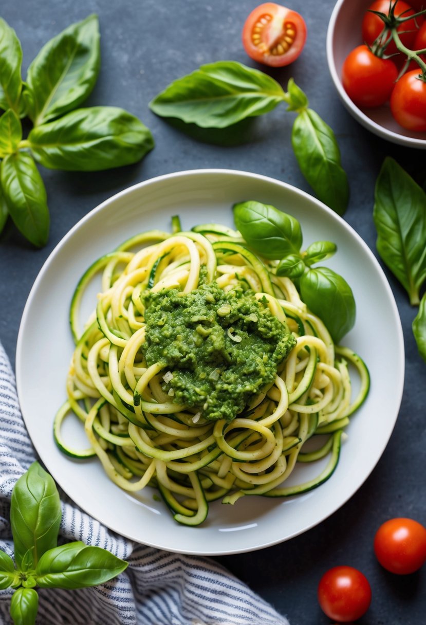 A plate of zucchini noodles topped with vibrant green pesto, surrounded by fresh basil leaves and cherry tomatoes