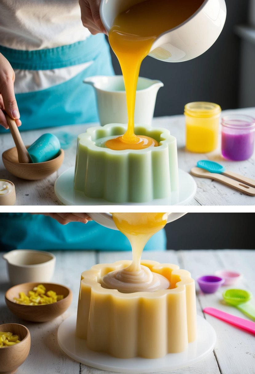 A clear, step-by-step tutorial of melting and pouring soap ingredients into a mold, with colorful variations and simple tools