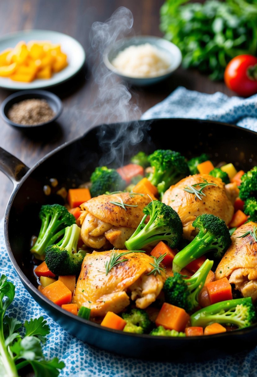 A sizzling skillet holds a colorful mix of tender chicken, vibrant green broccoli, and a medley of fresh vegetables, emitting savory aromas