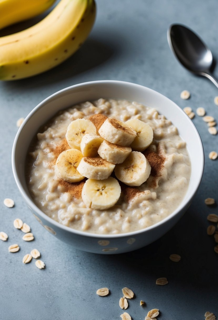 A bowl of creamy oatmeal topped with mashed bananas and a sprinkle of cinnamon, surrounded by a few scattered oats and a small spoon