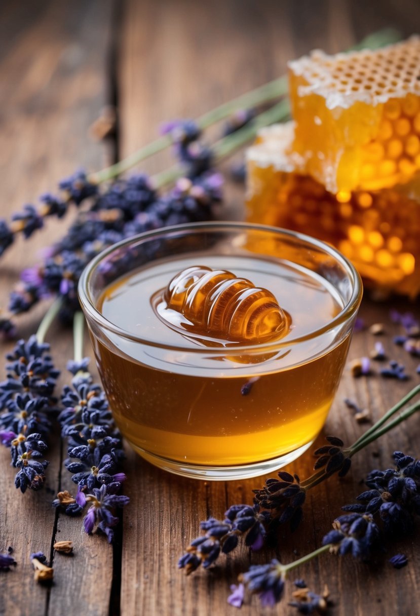 A clear glass bowl filled with melted lavender honey soap, surrounded by dried lavender flowers and honeycomb