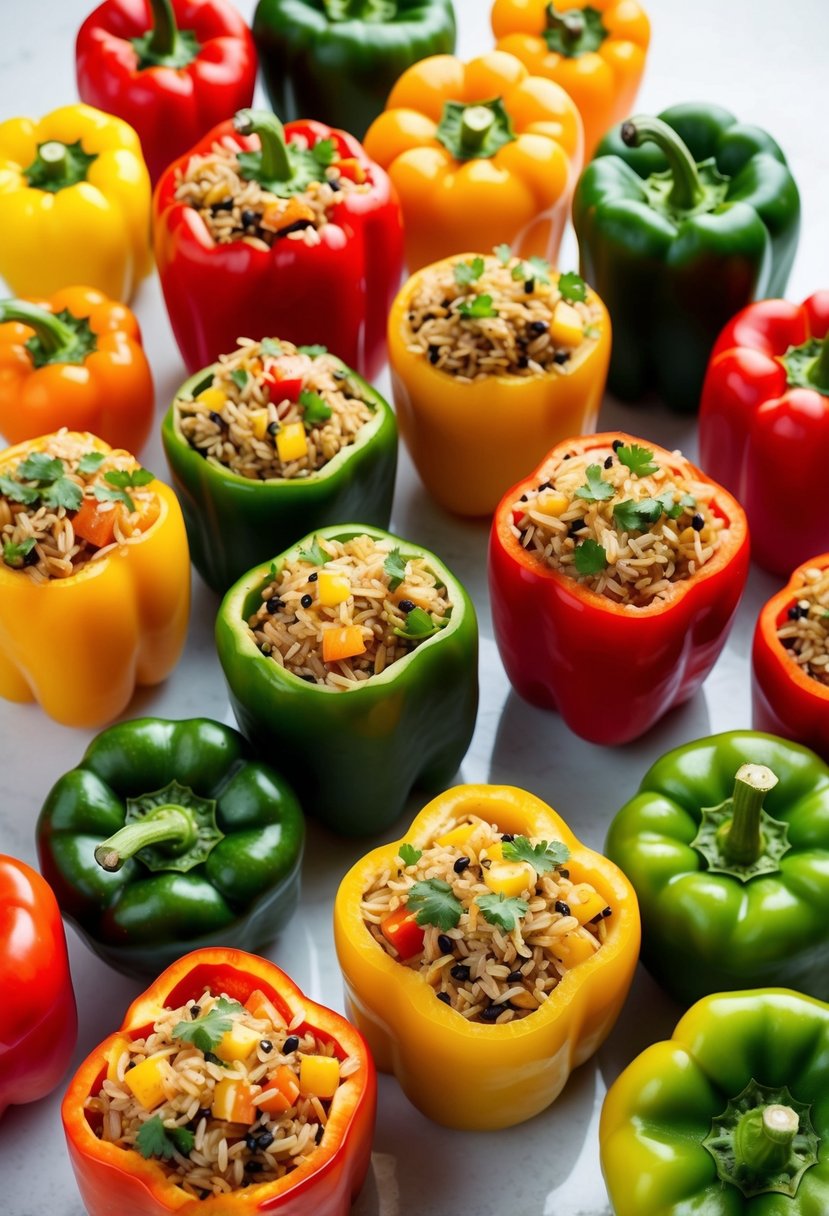 A colorful array of bell peppers stuffed with brown rice and various nutritious ingredients, arranged on a clean, white surface