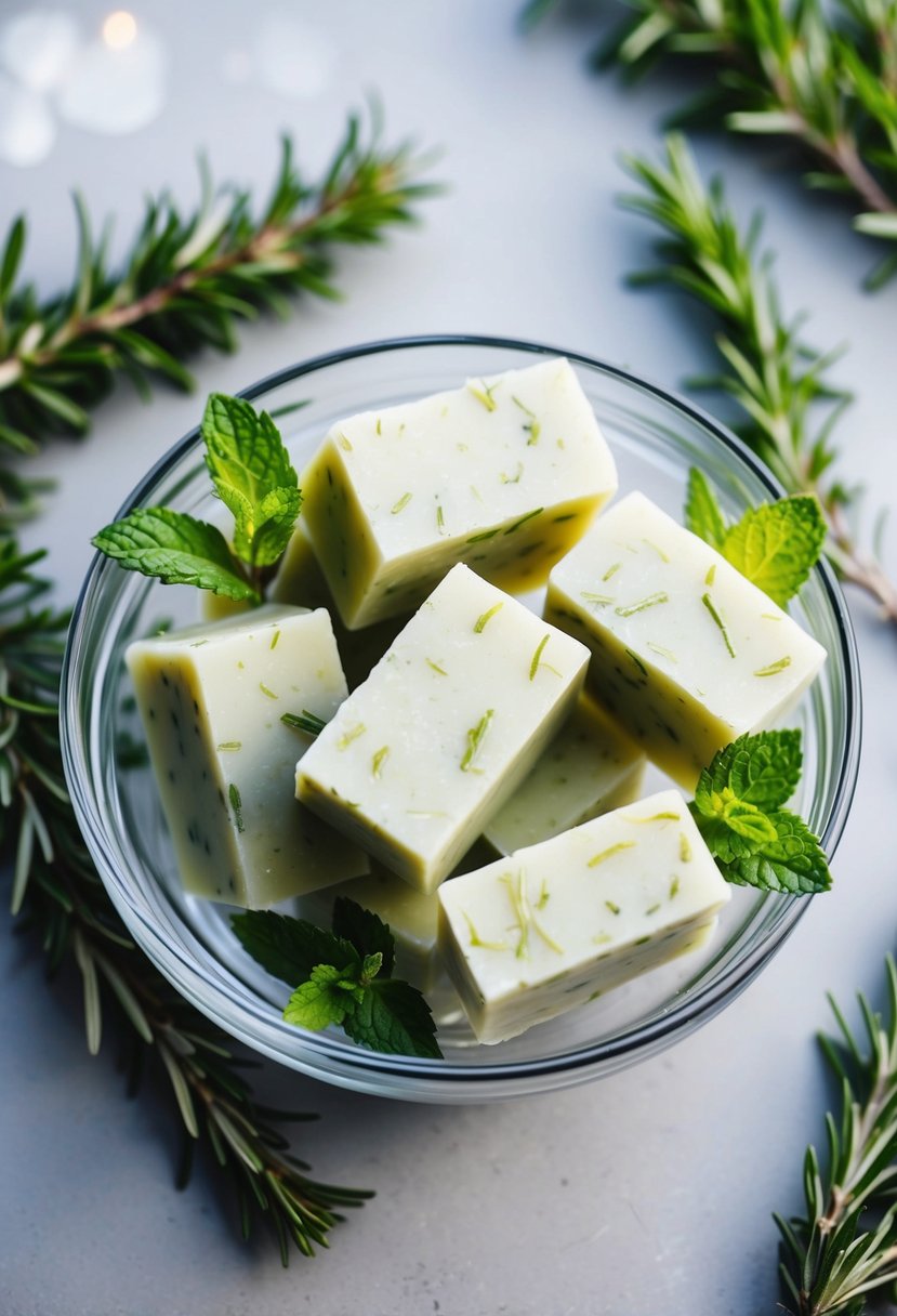 A clear glass bowl filled with chunks of homemade Rosemary Mint Soap, surrounded by fresh rosemary and mint leaves