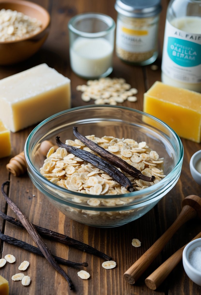 A clear glass bowl filled with oatmeal and vanilla beans, surrounded by various soap-making ingredients and tools on a wooden table