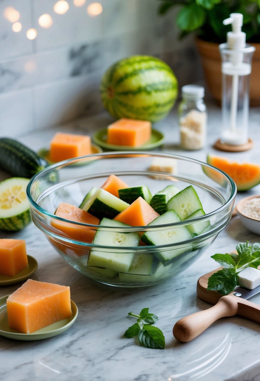 A clear glass bowl filled with chunks of cucumber and melon, surrounded by various soap-making ingredients and tools on a marble countertop