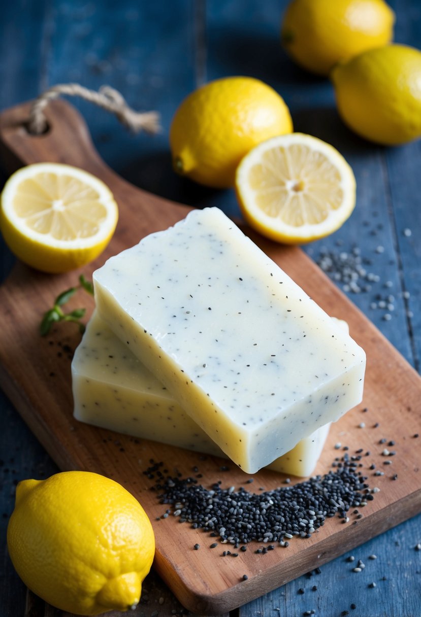 A handcrafted bar of Lemon Poppy Seed Soap sits on a rustic wooden cutting board, surrounded by fresh lemons and scattered poppy seeds