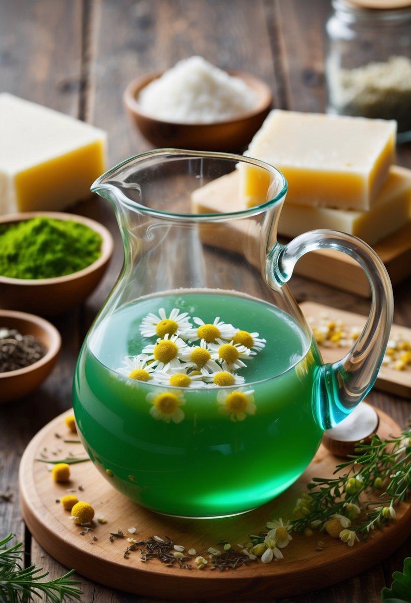 A clear glass pitcher filled with melted chamomile tea tree soap, surrounded by various soap-making ingredients and tools on a wooden table