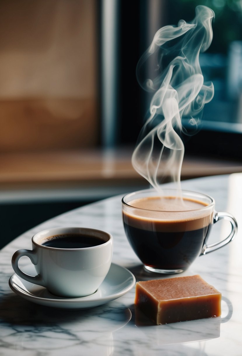 A steaming cup of coffee sits next to a bar of cinnamon-scented melt and pour soap on a marble countertop