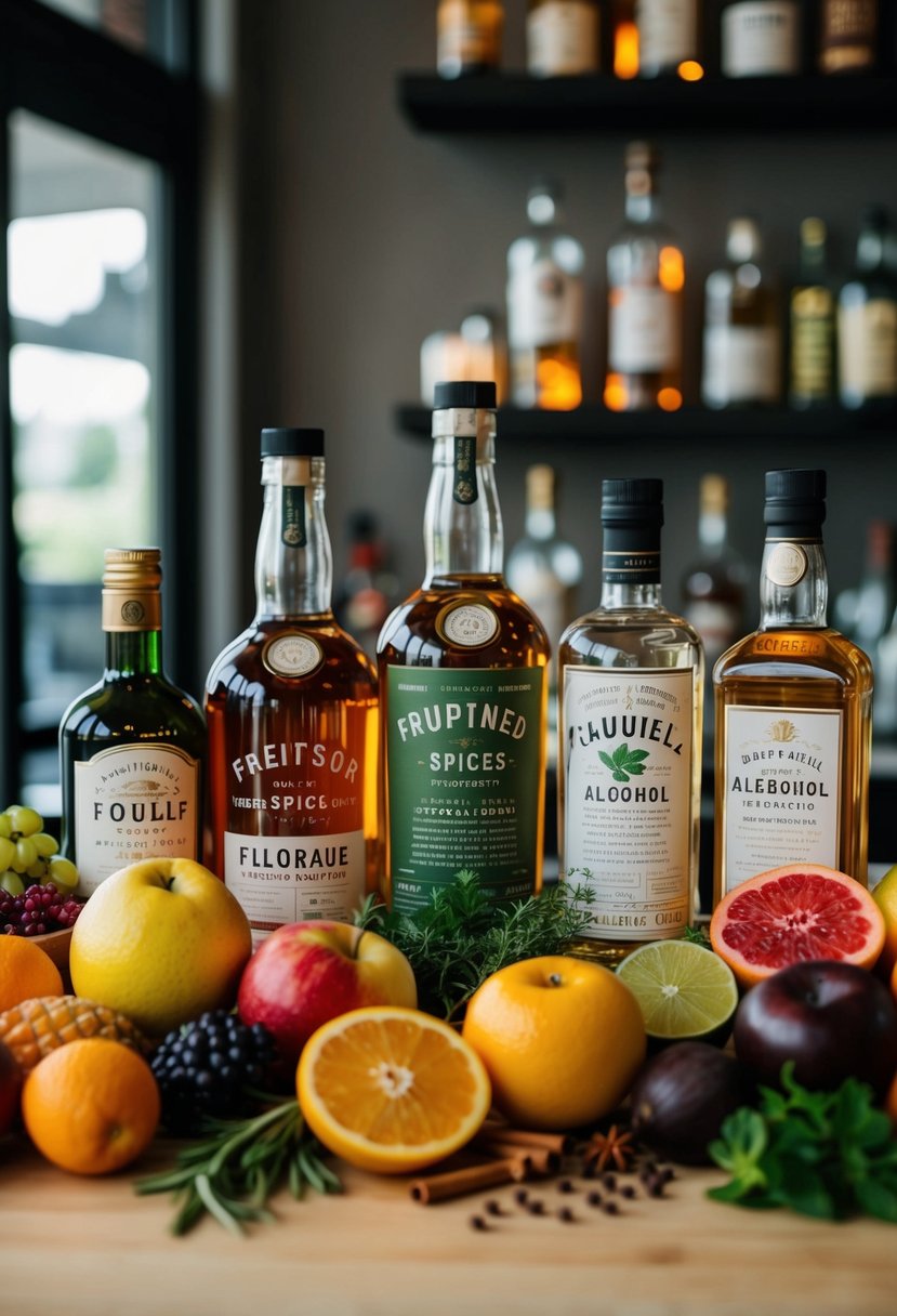 A variety of fruits, herbs, and spices are displayed next to bottles of alcohol, ready to be infused into flavorful concoctions