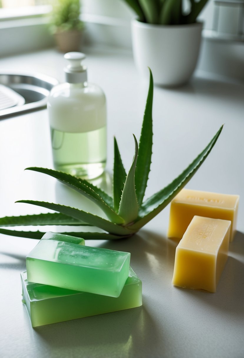 Aloe Vera leaves, glycerin, and soap molds on a clean kitchen counter