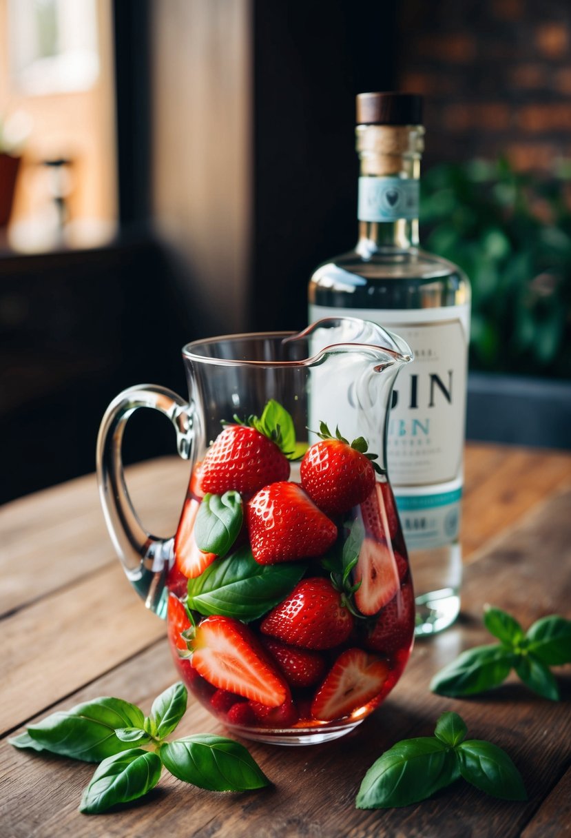 A glass pitcher filled with fresh strawberries, basil leaves, and a bottle of gin on a wooden table