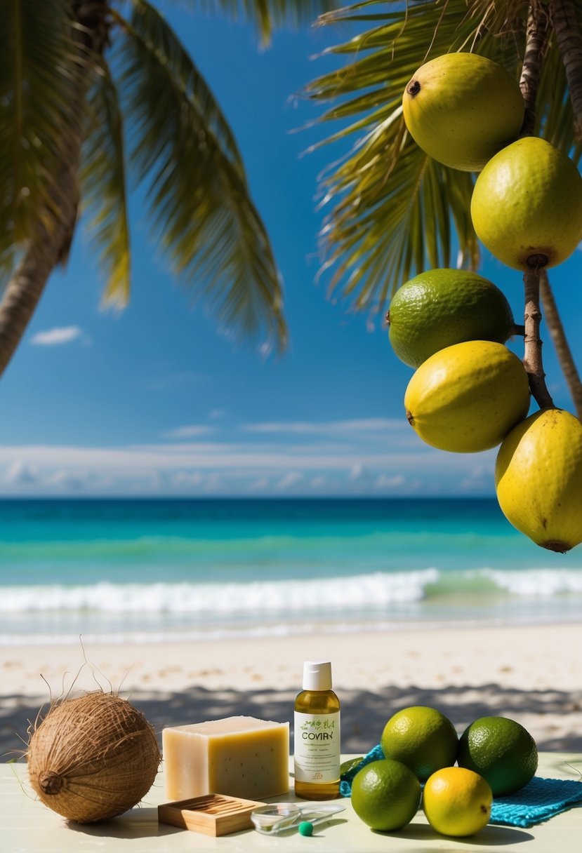 A tropical beach with coconuts and limes, a clear blue sky and gentle waves, a table with soap-making ingredients and tools