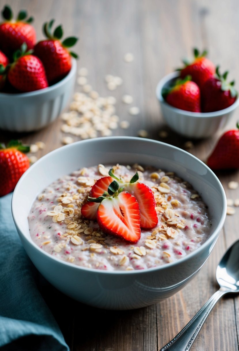 A bowl of strawberry vanilla oatmeal topped with fresh strawberries and a sprinkle of oats