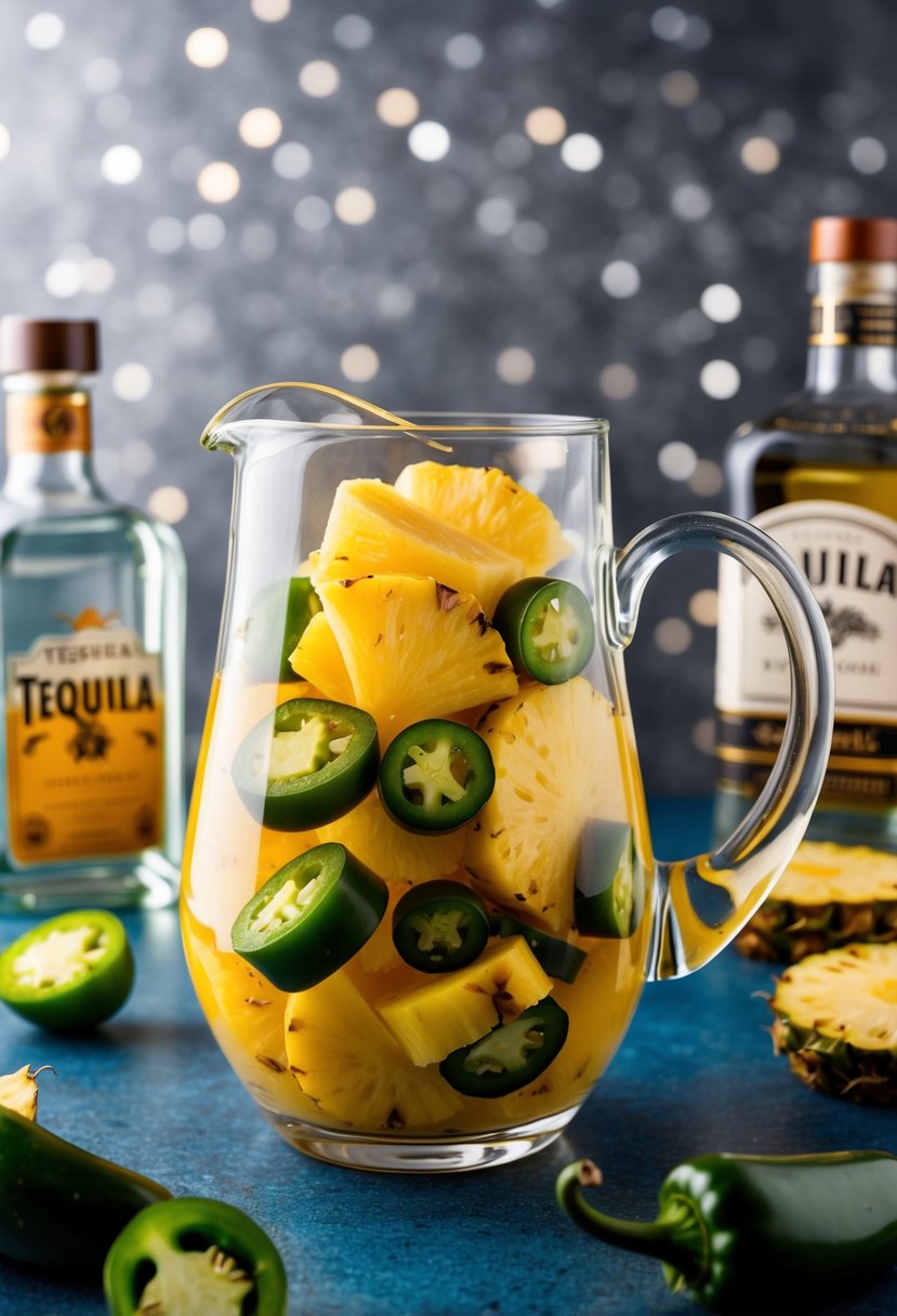 A glass pitcher filled with sliced pineapples and jalapeños, surrounded by bottles of tequila and other cocktail ingredients