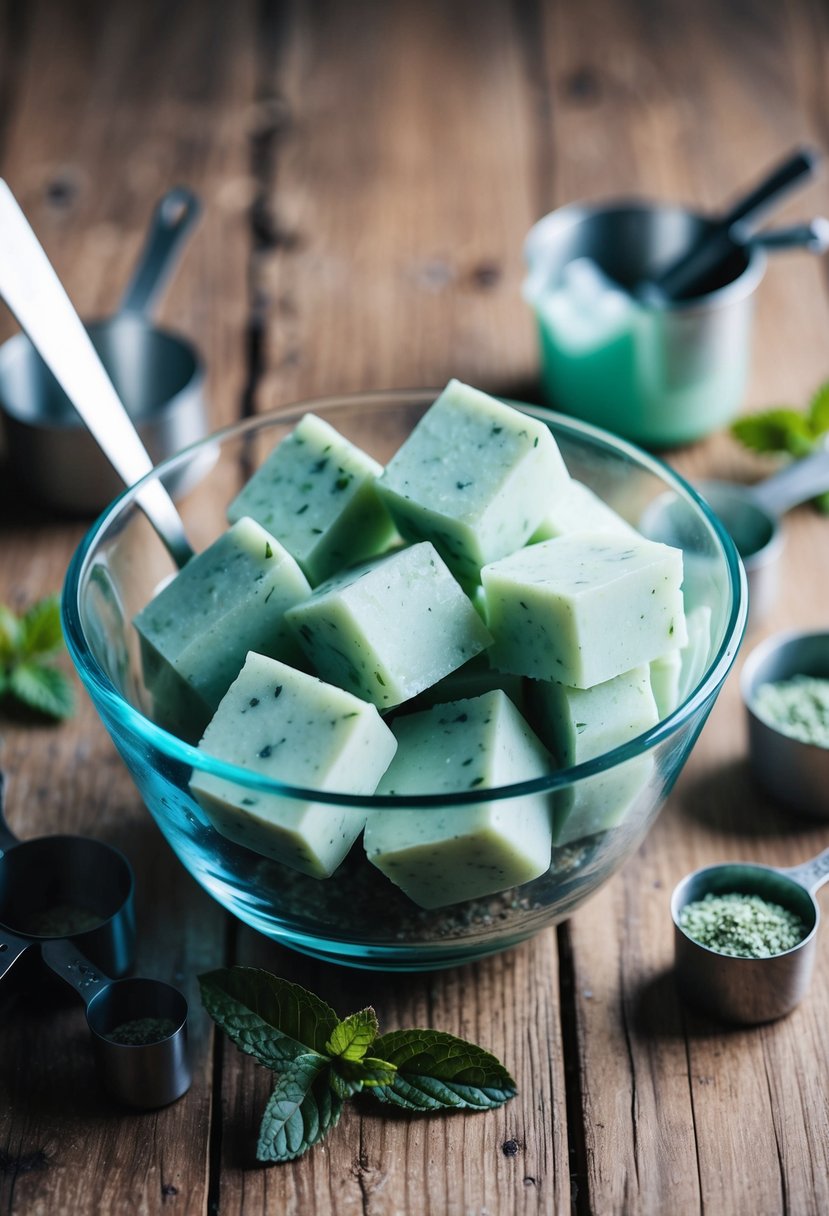 A clear glass bowl filled with chunks of peppermint and eucalyptus soap, surrounded by small measuring cups and a stirring spoon