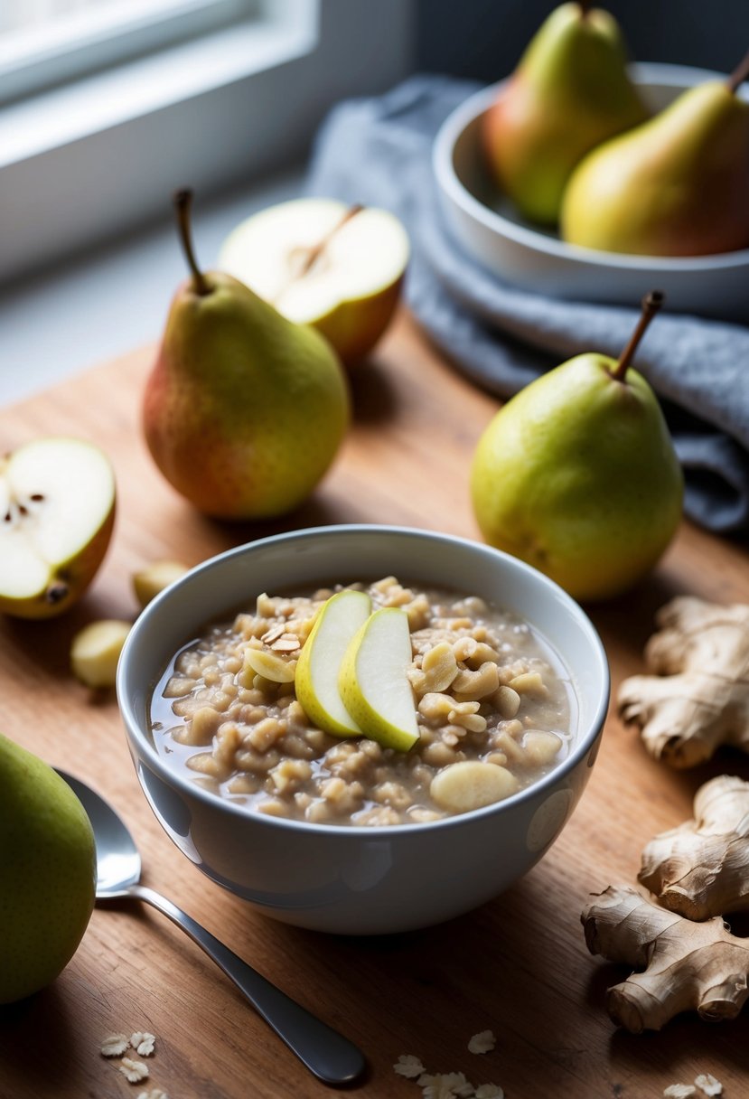 A cozy kitchen scene with a bowl of warm pear and ginger oatmeal, surrounded by fresh pears and ginger root