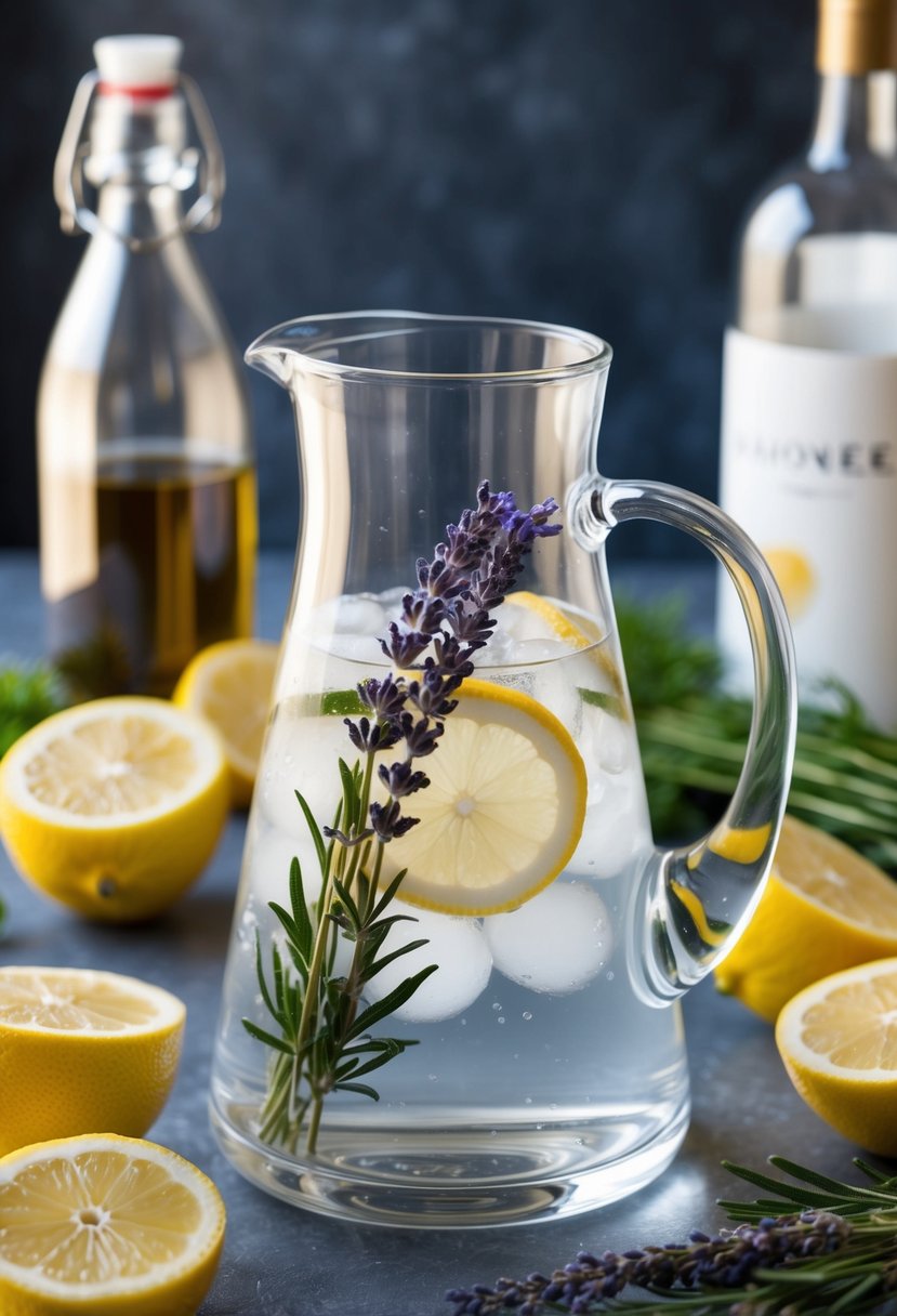 A glass pitcher filled with clear liquid, garnished with sprigs of lavender and lemon slices, surrounded by fresh ingredients