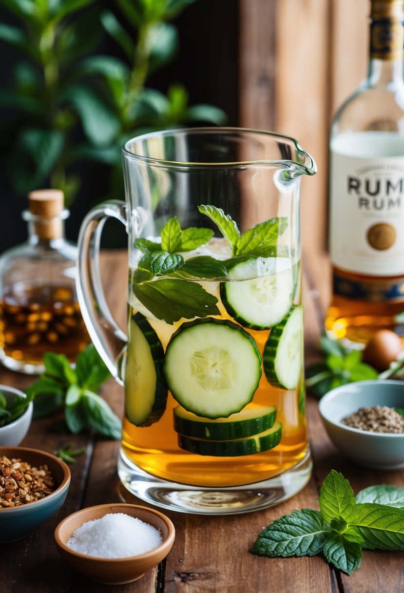 A glass pitcher filled with cucumber slices, mint leaves, and rum, surrounded by various ingredients and garnishes on a wooden table