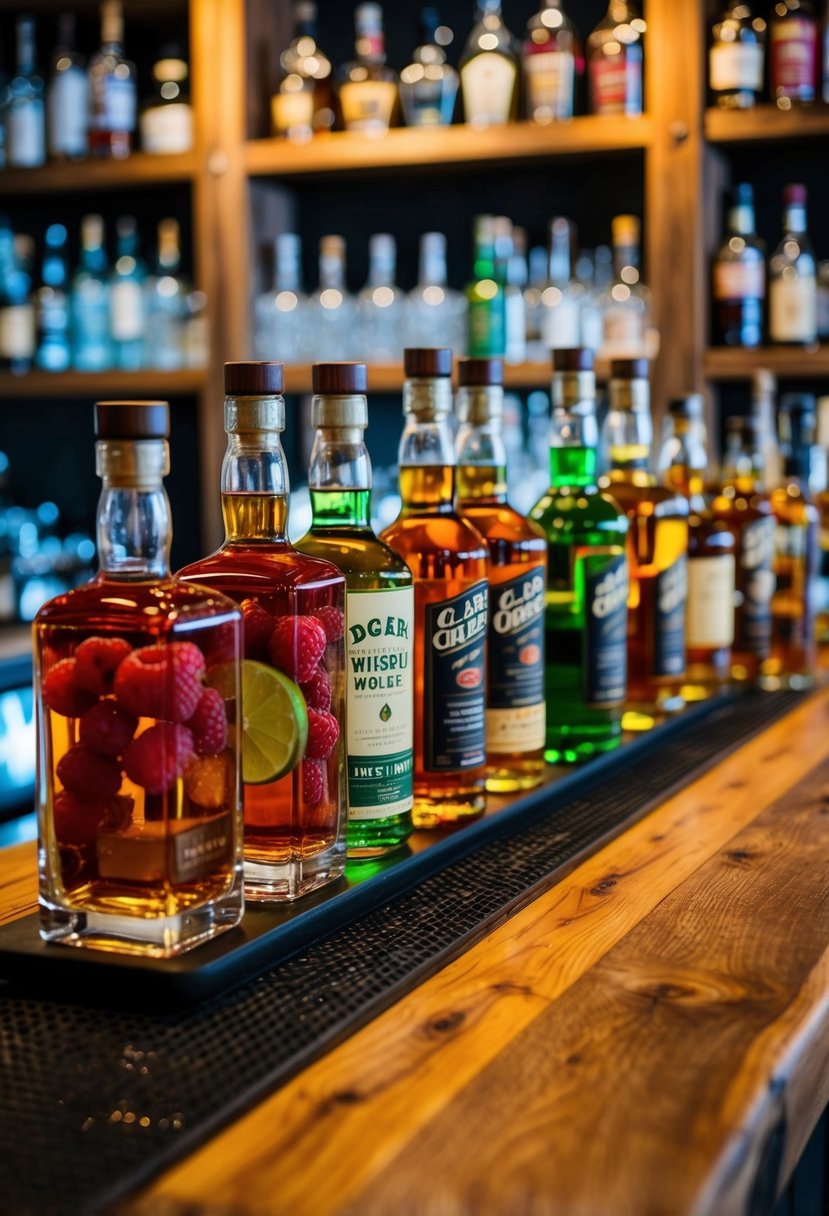 A rustic wooden bar with a row of colorful glass bottles filled with raspberry, lime, and whiskey-infused alcohol