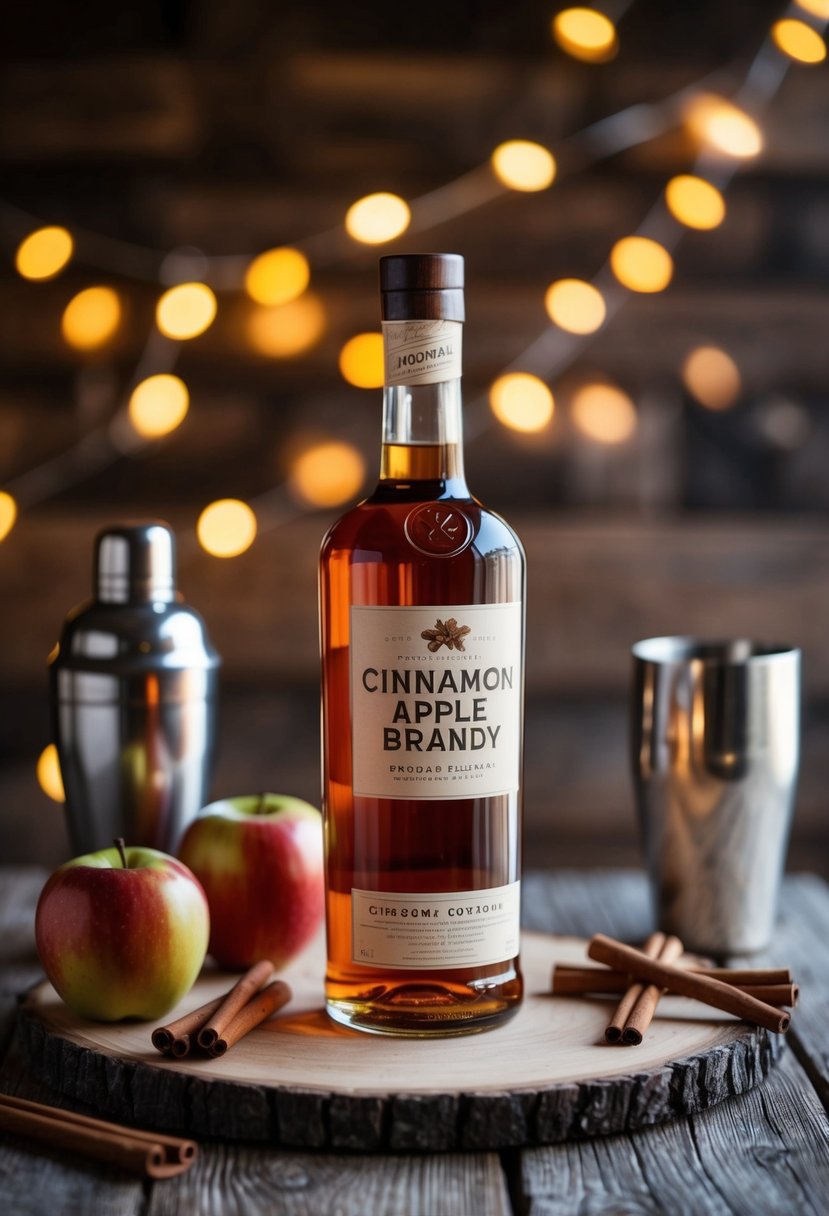 A rustic wooden table with a bottle of cinnamon apple brandy, fresh apples, cinnamon sticks, and a cocktail shaker surrounded by warm, cozy lighting