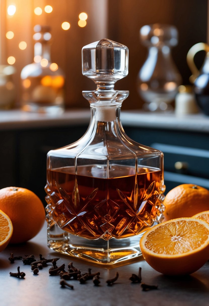 An elegant glass decanter filled with rich, amber-hued Orange Clove Bourbon, surrounded by fresh oranges and cloves