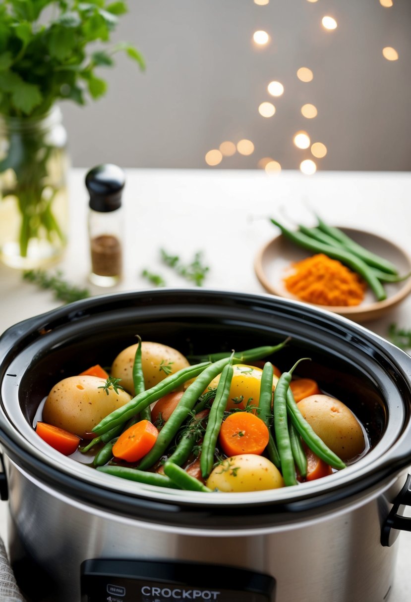 Fresh green beans, carrots, and potatoes simmering in a crockpot with aromatic herbs and spices