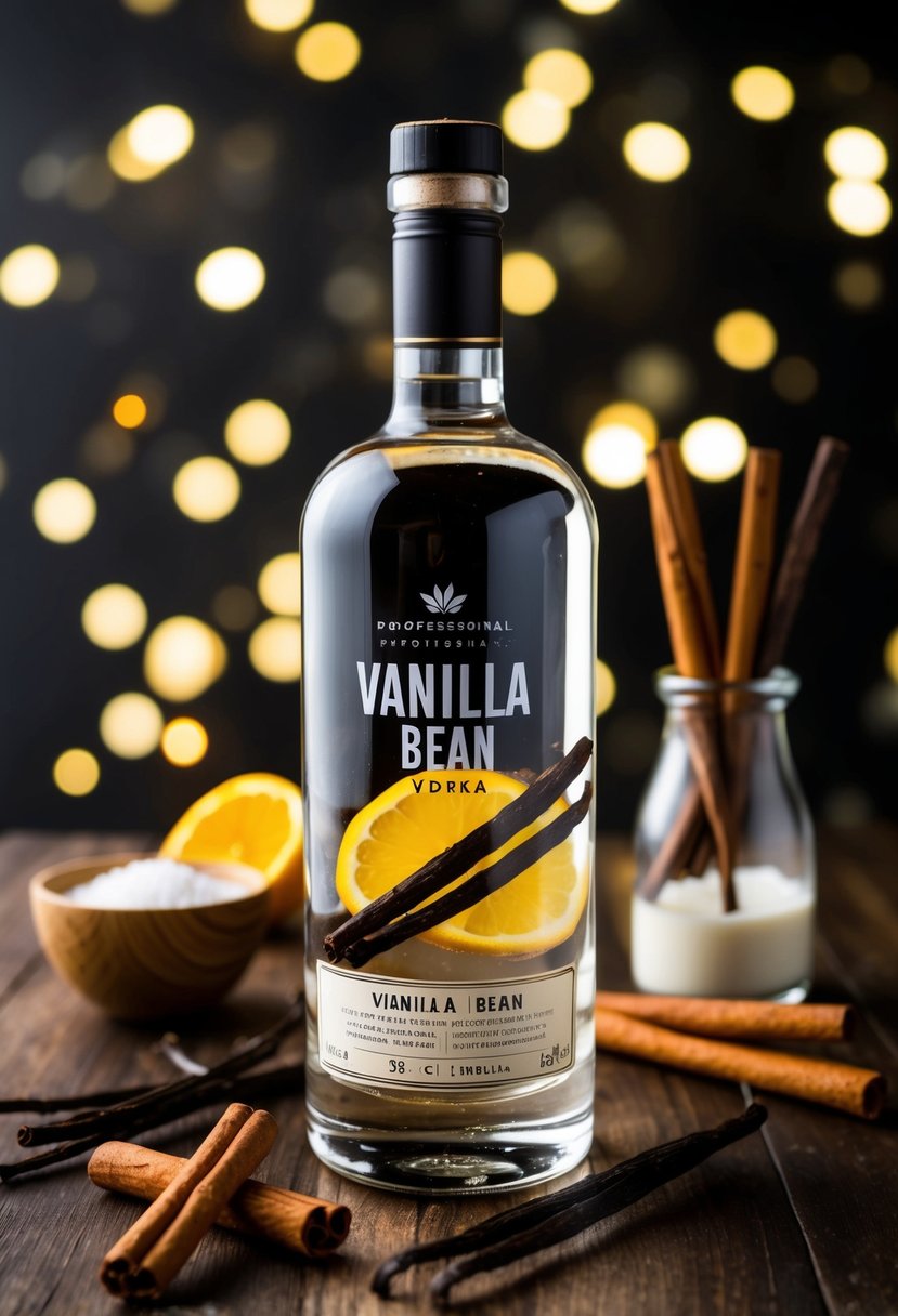 A clear glass bottle filled with vanilla bean vodka, surrounded by vanilla beans, cinnamon sticks, and other ingredients for infusing