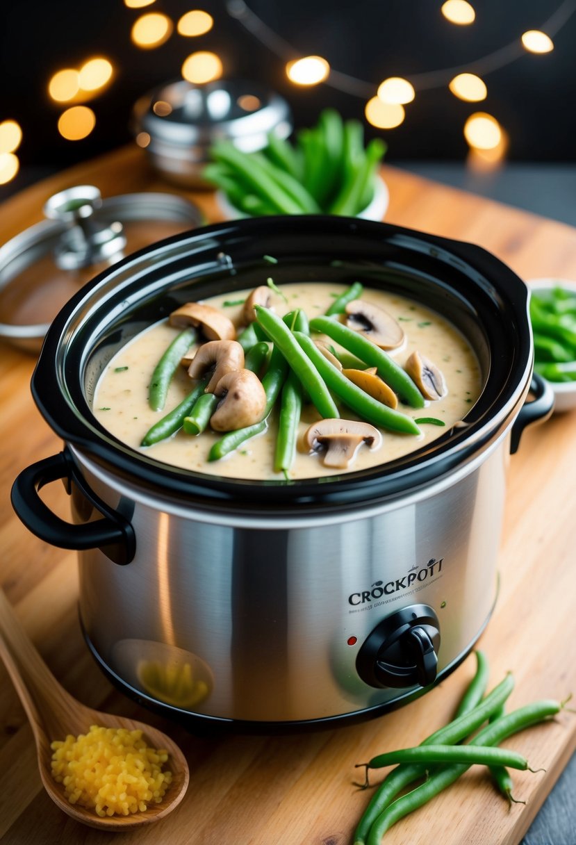 A bubbling crockpot filled with green beans, mushrooms, and creamy sauce