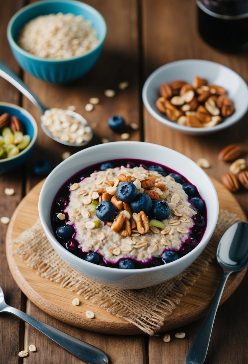 A bowl of oats with berries and nuts, surrounded by ingredients and a spoon on a wooden table