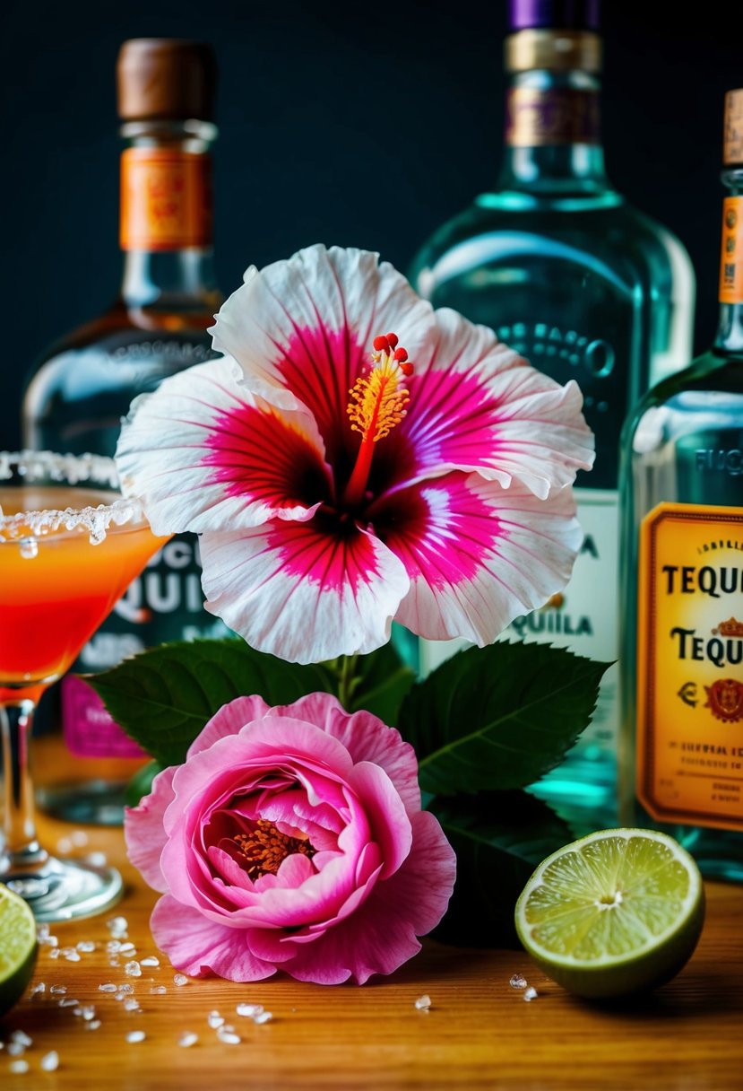 A vibrant hibiscus flower and a delicate rose, both surrounded by tequila bottles and cocktail ingredients