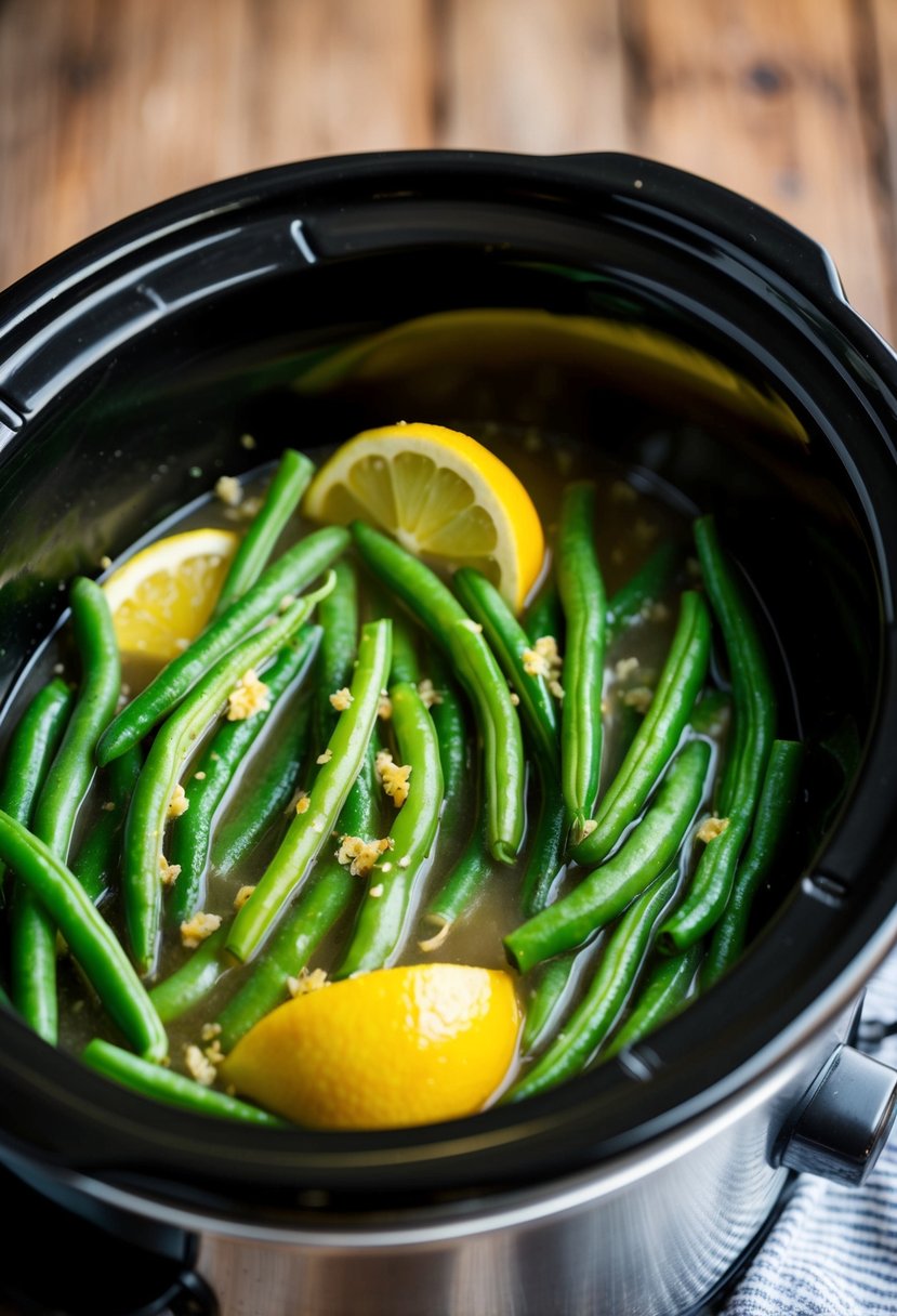 A crockpot filled with zesty lemon garlic green beans simmering and steaming