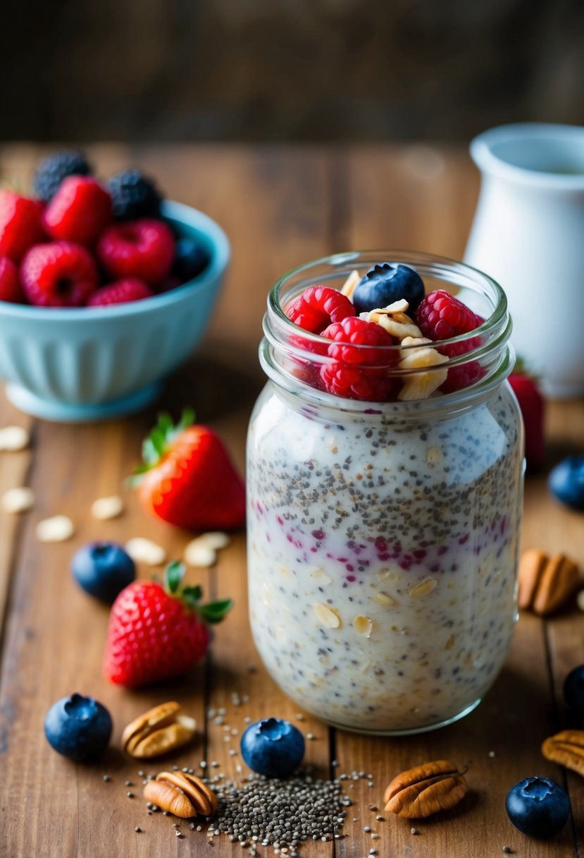 A mason jar filled with overnight oats and chia seeds, surrounded by fresh berries and a sprinkle of nuts on a wooden table