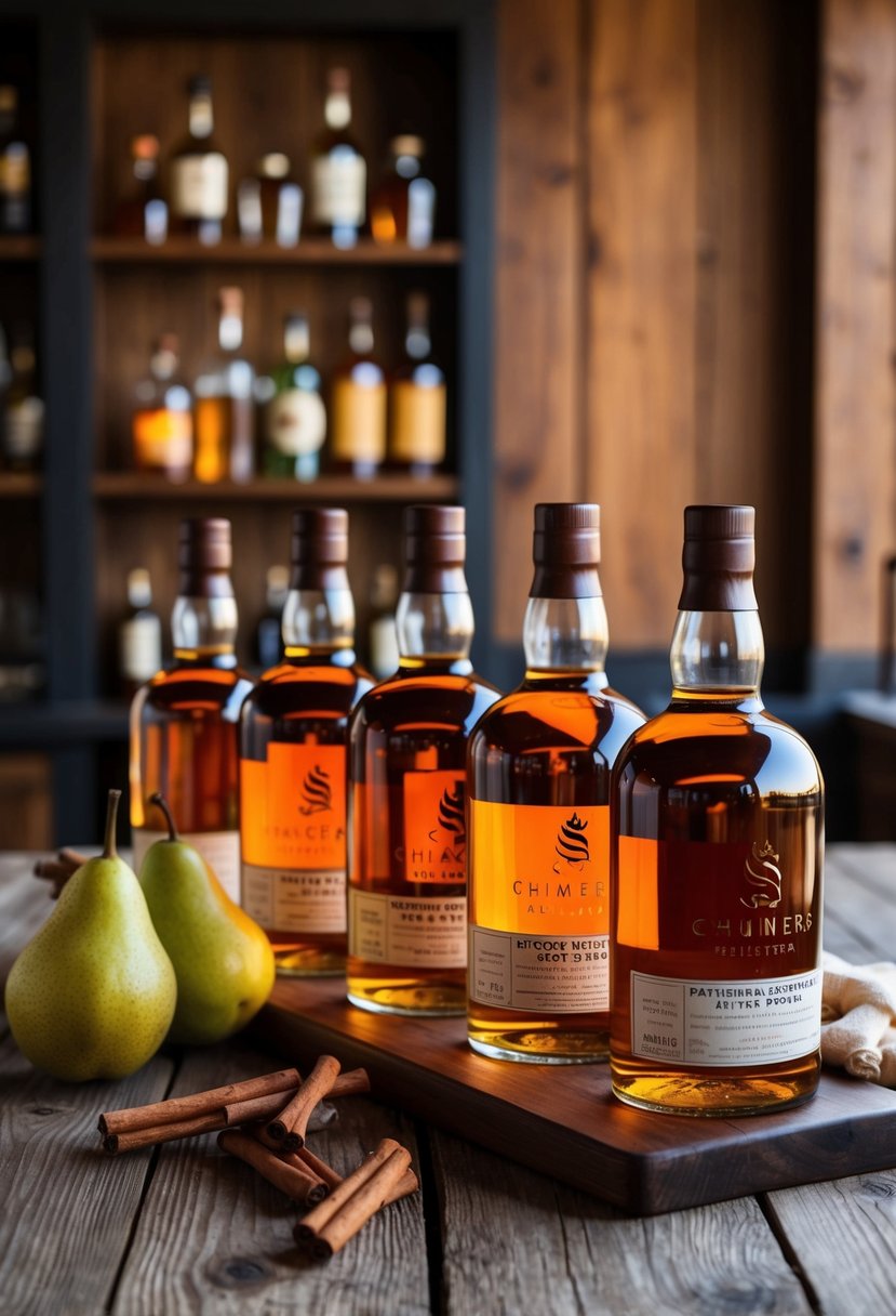 A rustic wooden bar with a row of amber-colored whiskey bottles, surrounded by fresh ginger, pears, and cinnamon sticks