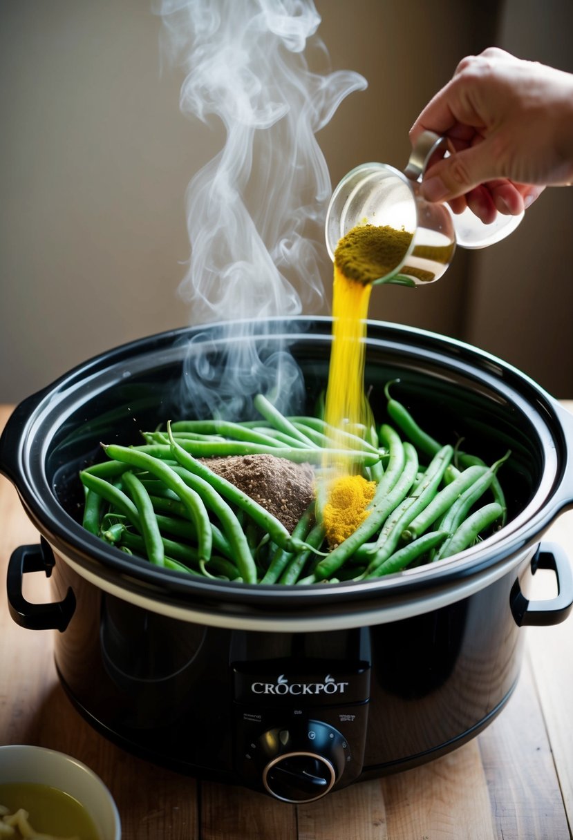 Fresh green beans and seasonings being added to a crockpot, steam rising