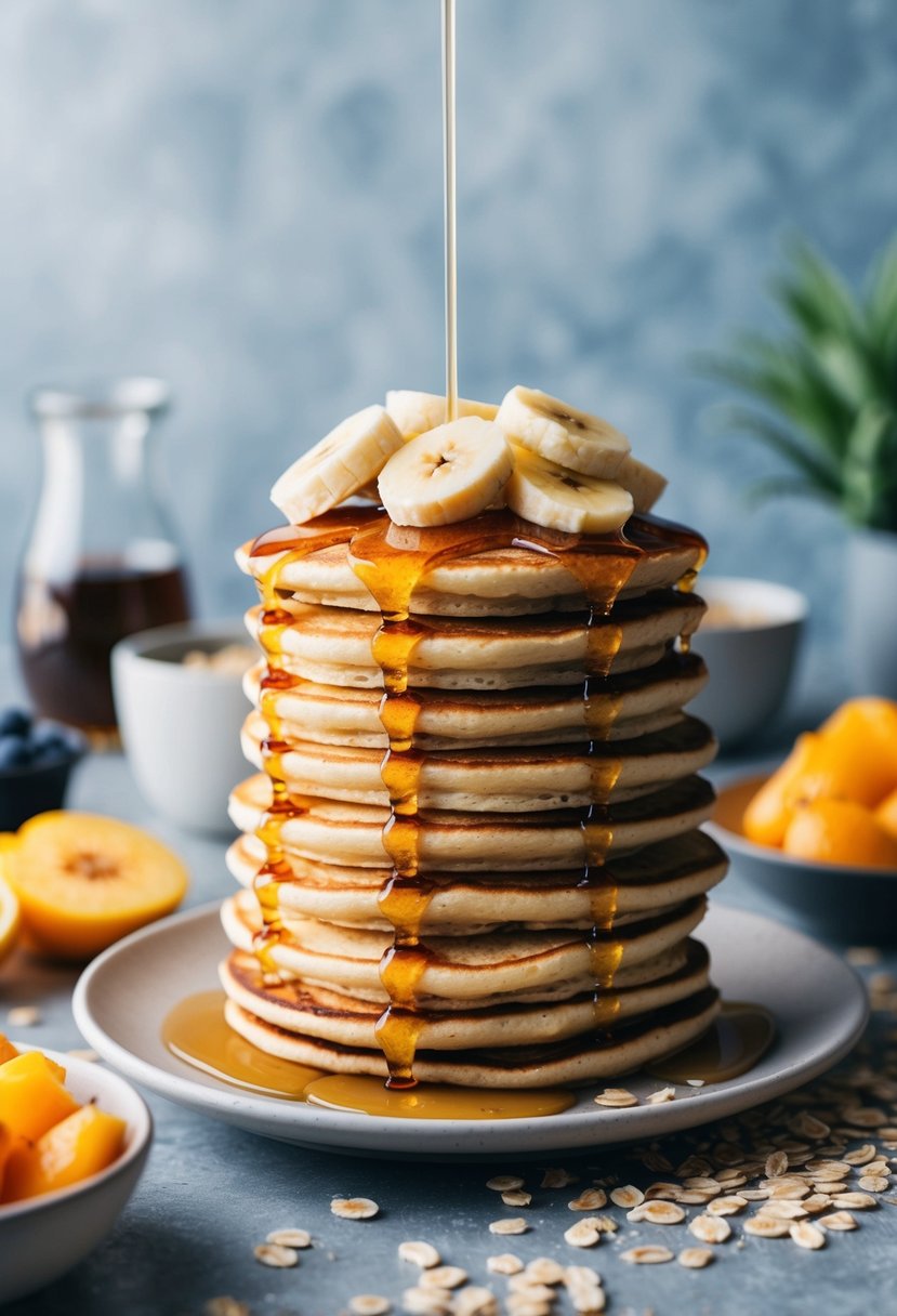 A stack of golden-brown pancakes topped with sliced bananas and drizzled with syrup, surrounded by a scattering of oats and a bowl of fresh fruit