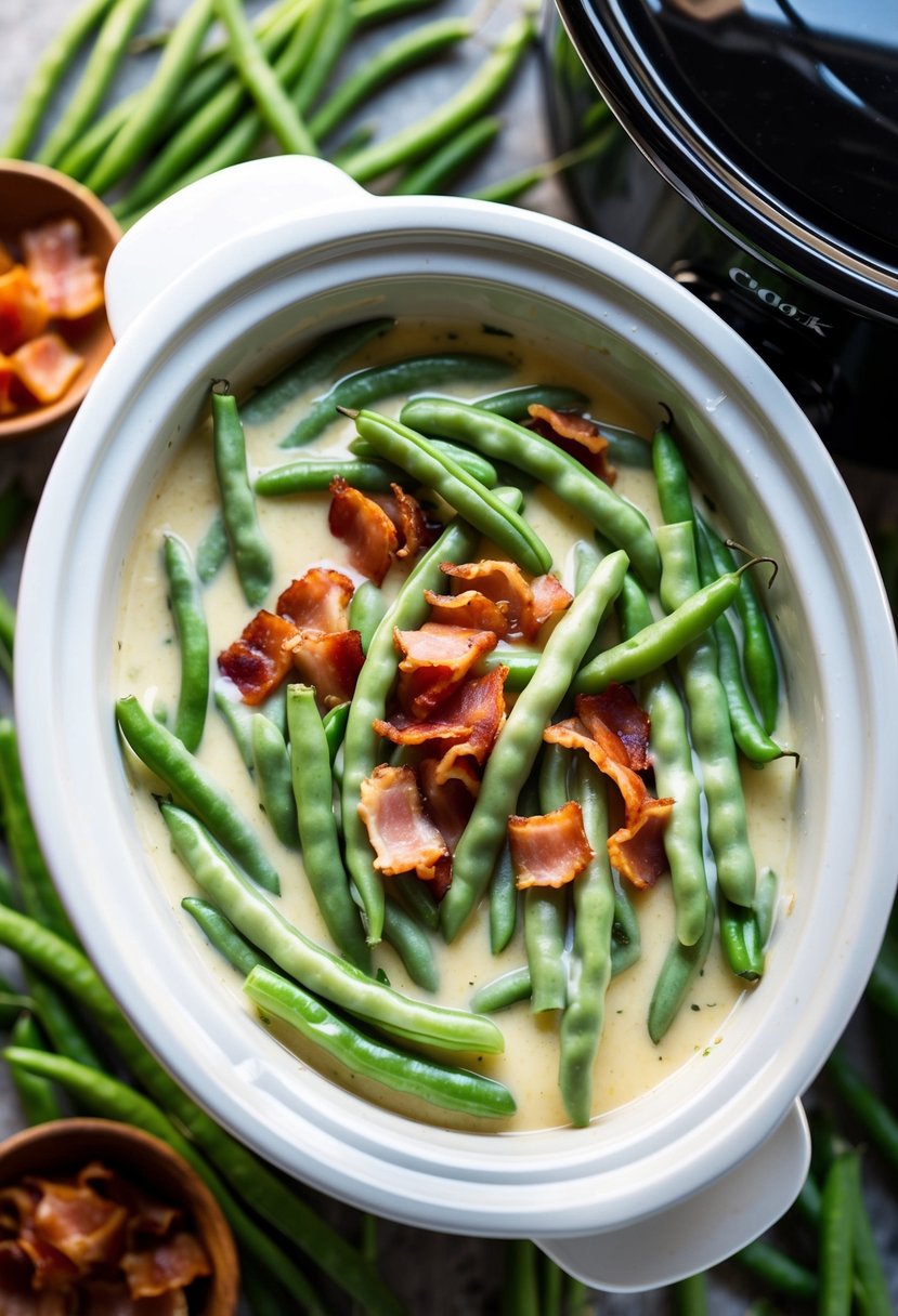 A crockpot filled with creamy green beans and bacon, surrounded by fresh green beans and a crock pot