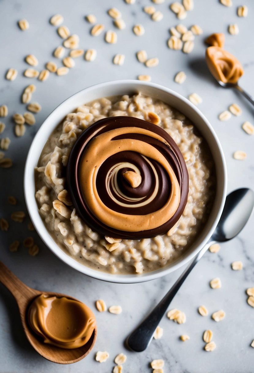 A bowl of creamy oatmeal topped with swirls of chocolate and peanut butter, surrounded by scattered oats and a spoon